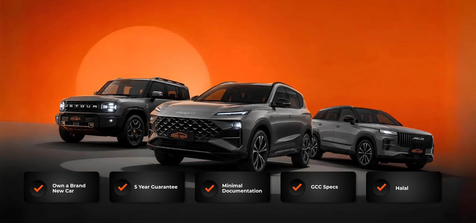 Lease to own cars in Dubai — Jetour, and Jaecoo SUVs. Own a brand new car, 5 year guarantee, minimal documentation, GCC specs, halal financing.